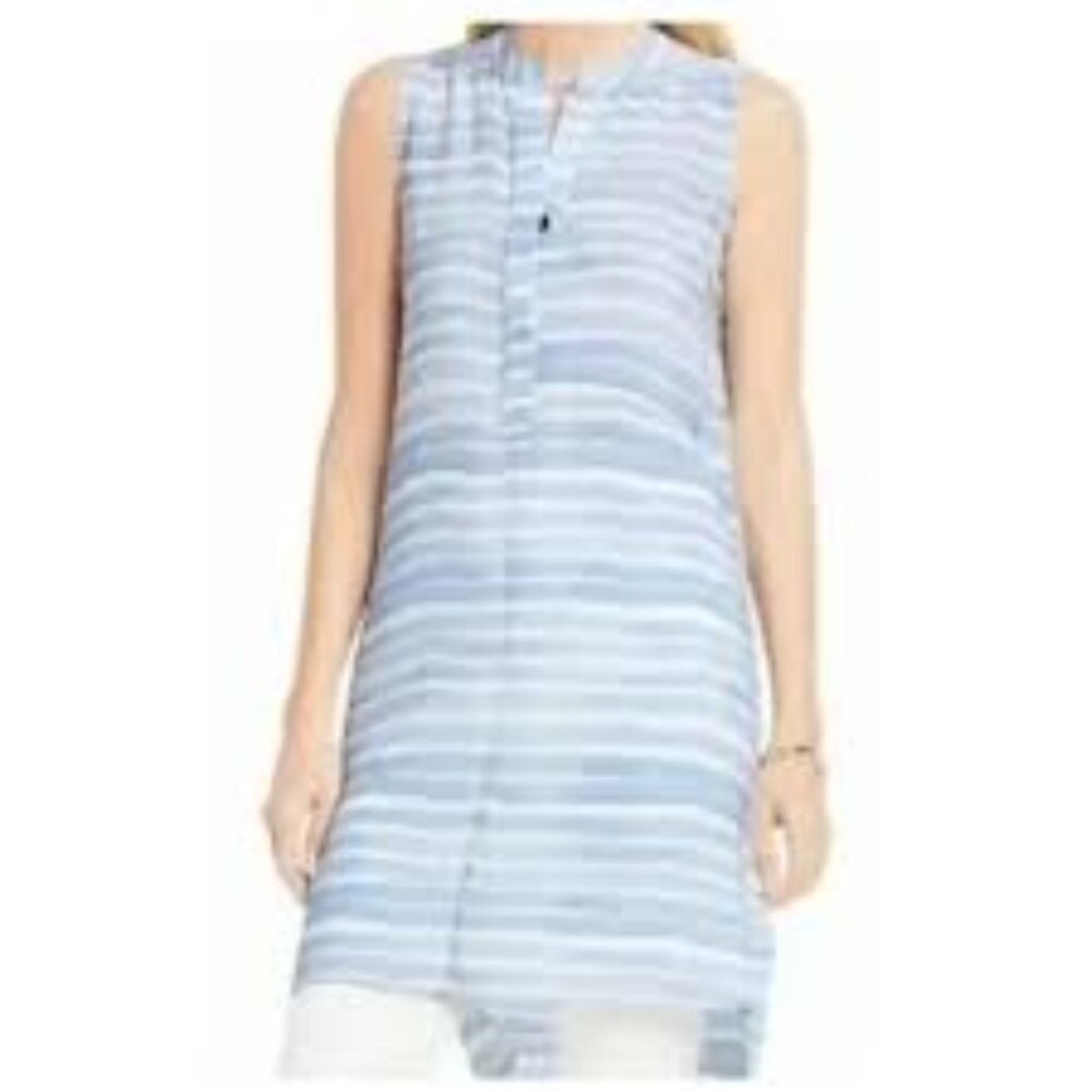 Vince Camuto Blue and White Striped Sleeveless Henley Neck Women's M Tunic Top